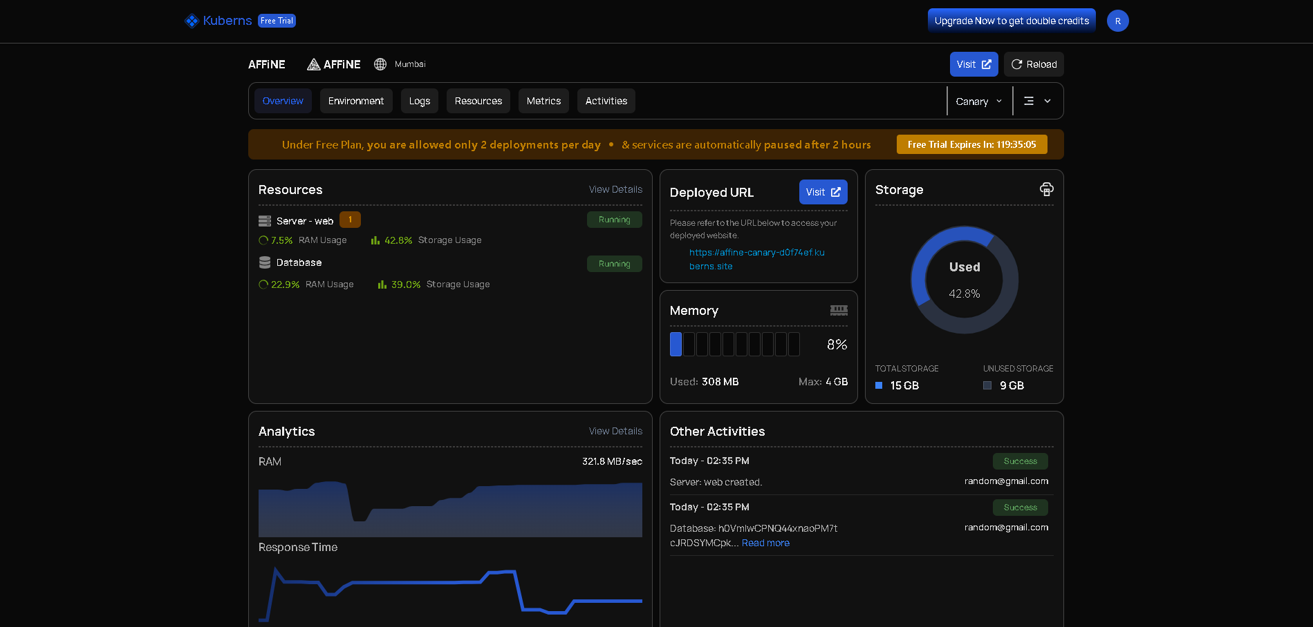Kuberns dashboard to access your AFFINE workspace