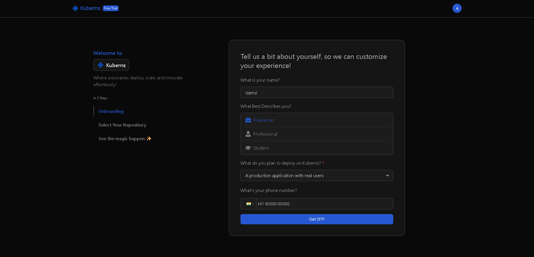 Onboarding for Kuberns