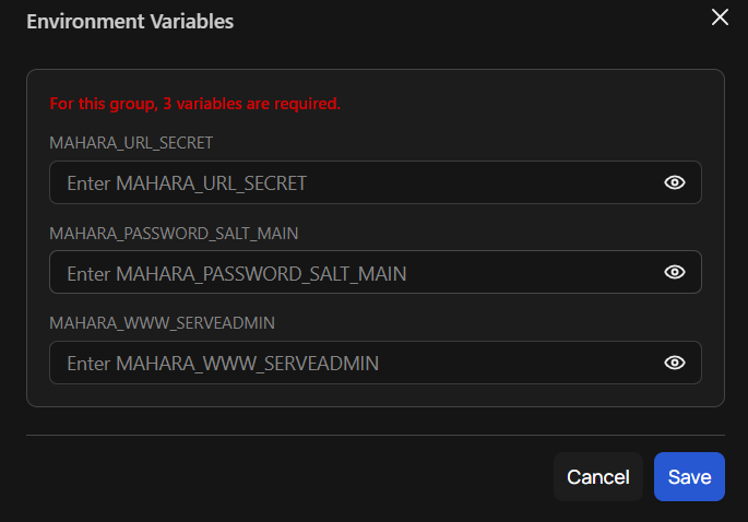 Env variables needed for Mahara
