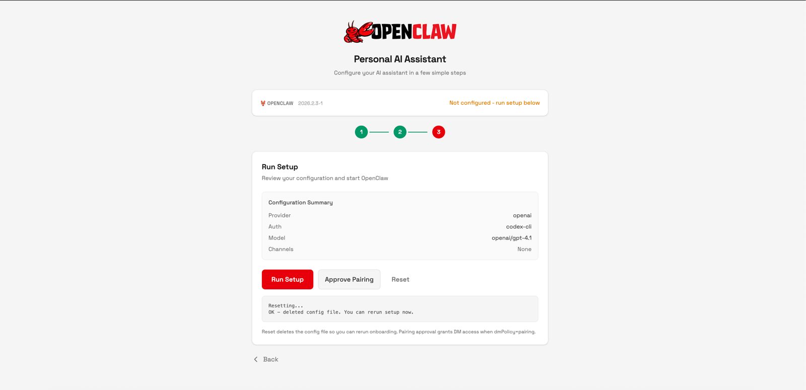 Run setup to start installing openclaw