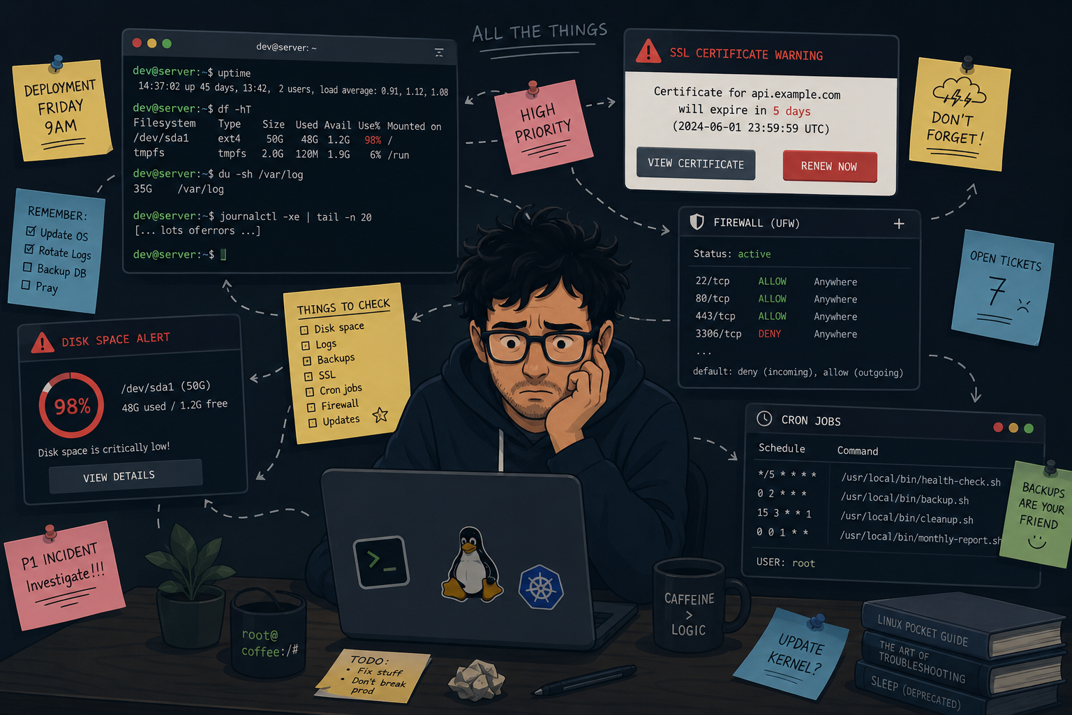 What self-hosted server management actually looks like — a developer juggling SSL, firewall rules, OS patches, and monitoring